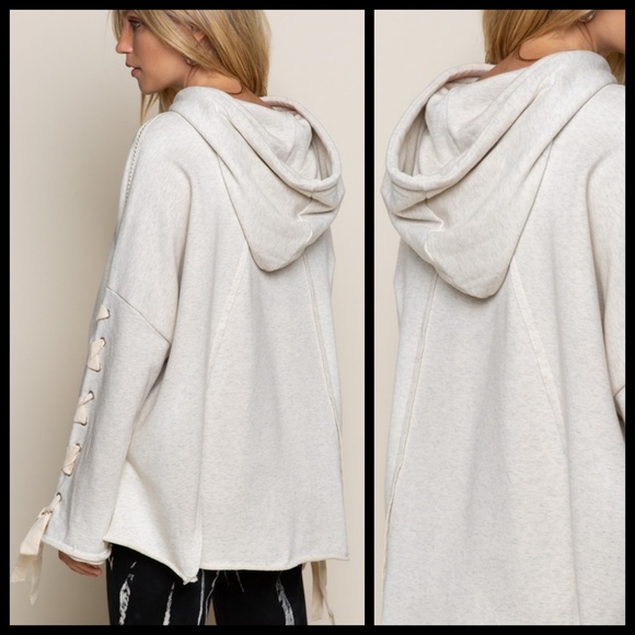 POL “Urban Chic” French Terry Hoodie Top Criss Cross Laces Down Sleeves Raw Hem - Picture 2 of 16
